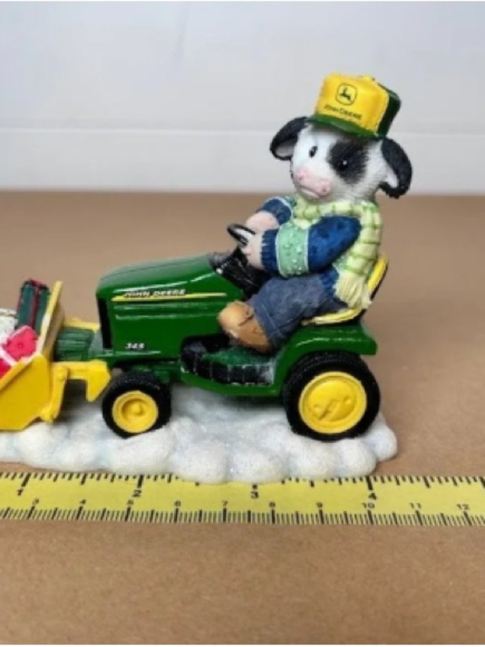 John Deere Green and Yellow Cow Driver Tractor Figurine